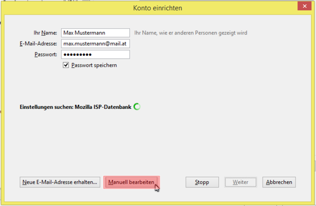 Thunderbird erkennt die Einstellungen meist nicht von selbst. Klicken Sie auf Manuell bearbeiten.
