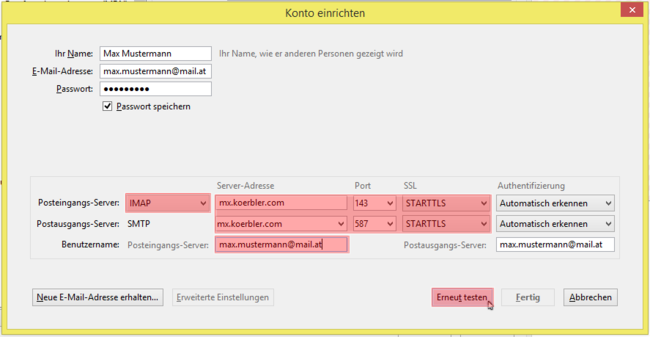 Wählen Sie IMAP und tragen Sie mx.koerbler.com als Posteingangs- und Postausgangsserver ein. Benutzername ist Ihre vollständige E-Mail-Adresse. Klicken Sie auf Erneut testen.
