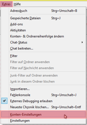 Öffnen Sie im Menü Extras → Konten-Einstellungen. Ist die Menüleiste ausgeblendet, drücken Sie die Alt-Taste.
